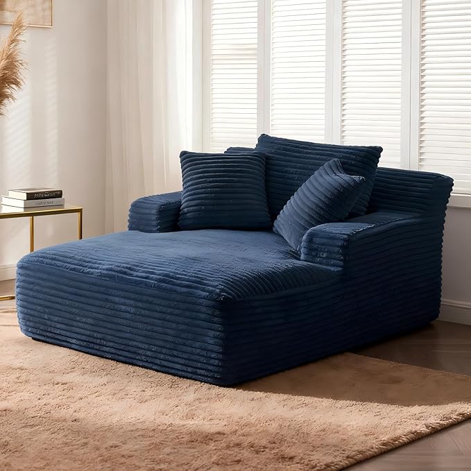66" Chaise Lounge Chair Indoor, Oversized Boneless Couch Comfy Upholstered Sleeper Sofa Bed with 3 Pillows, Corduroy Cloud Reading Chair for Living Room No Assembly Required, Blue