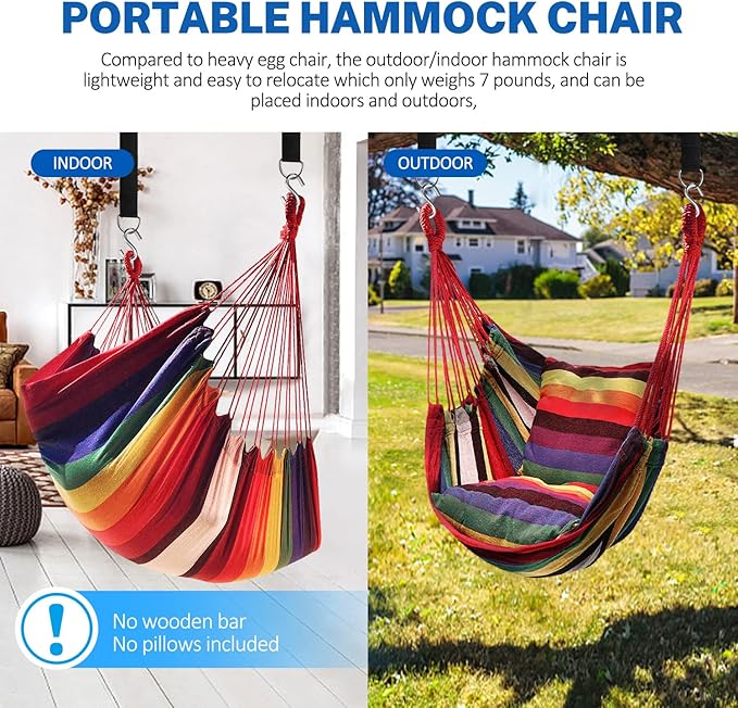 KPX Ourdoor Hanging Hammock Chair – Comfortable Tree Swing Chair Large Size 110X130cm（Without Pillows） - 330 Lbs Weight Capacity (Rainbow)
