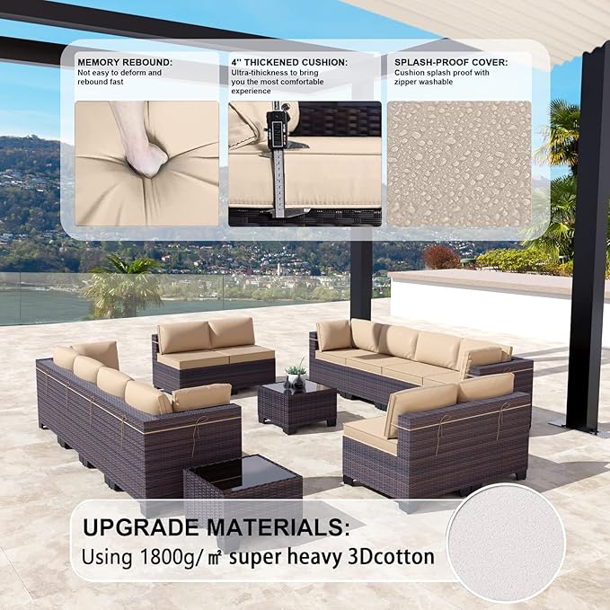 Kullavik 14 Pieces Outdoor Patio Furniture Set,Sectional Rattan Sofa Set Brown PE Rattan Wicker Patio Conversation Set with Tempered Glass Coffee Tables and Washable Cushions Covers,Sand