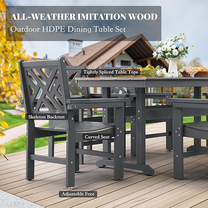 HDPE Dining Table Set for 6,7-Piece Outdoor Table and Chairs Include 6 Dining Chairs and 62.5" Patio Dining Table with Umbrella Hole (Gray)