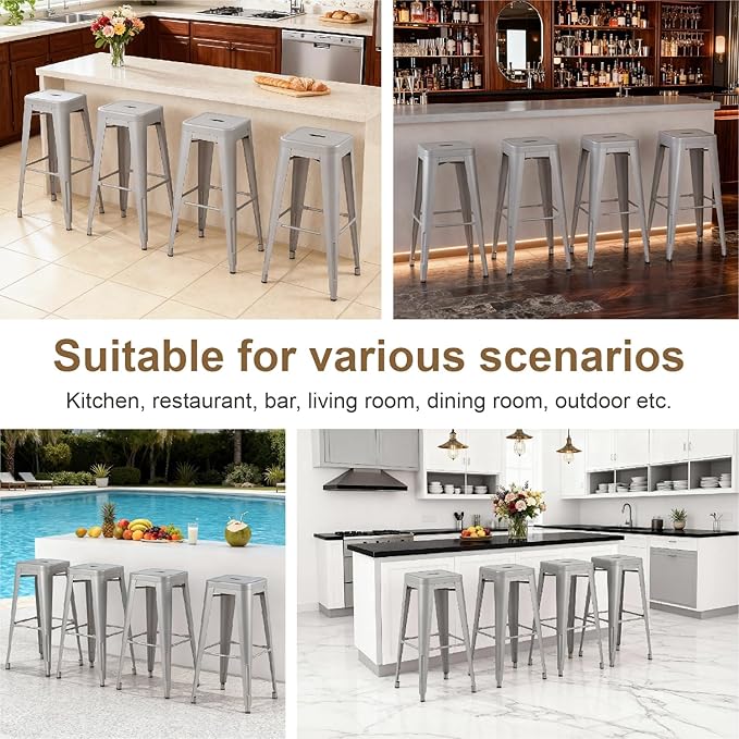 Stackable Metal Bar Stool Backless Indoor-Outdoor Counter Stools Fullmetal Dinning Chairs Set of 4 (Grey, 30 Inch)