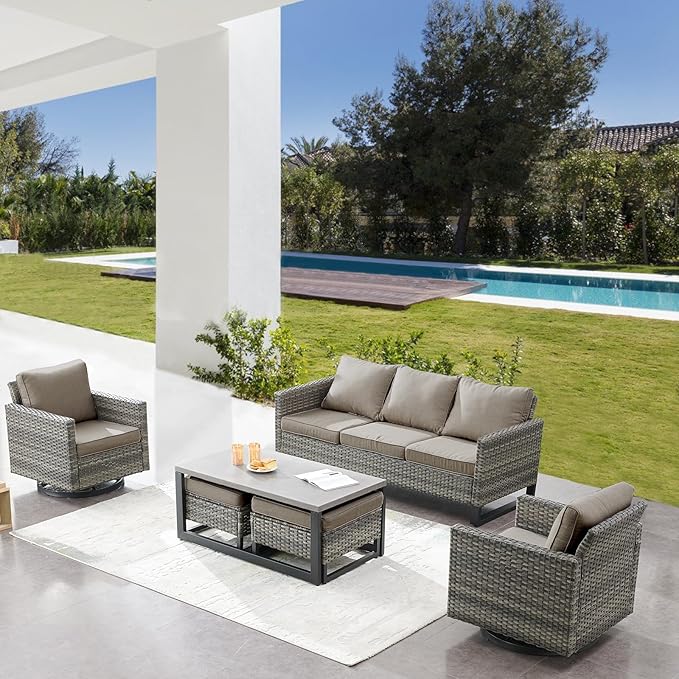 Belord 6 Piece Outdoor Furniture Patio Wicker Sofa Set, Oversize Outdoor Swivel Rocker Chairs with Rattan Ottomans, Conversation Sets Patio Furniture Come with Removable Washable Cushion Grey
