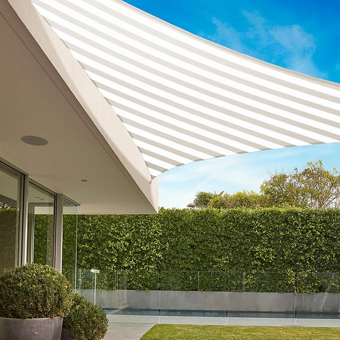 E&K Sunrise 23' x 23' x 23' Sun Shade Sail Triangle Canopy Shade Cover UV Block for Patio Backyard Garden Outdoor (Beige White Strip)