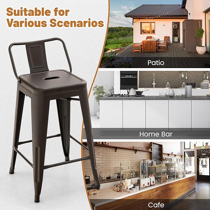 COSTWAY Metal Bar Stools Set of 4, with Removable Back, 24'' Counter Height Stools with Rubber Feet, Stylish and Modern Chairs, for Kitchen, Dining Rooms, and Side Bar (Gun, 24'')