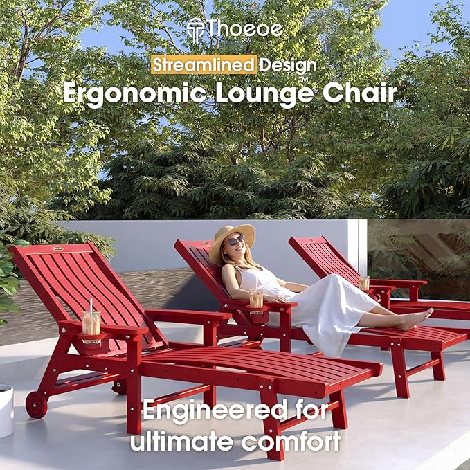 Patio Chaise Lounge Chair Set of 4, Oversized Lounge Chair Outdoor with 5 Positions, HDPE, Patio Lounge Chair with Wheels & Cup Holder for Pool, Deck, Poolside,Red