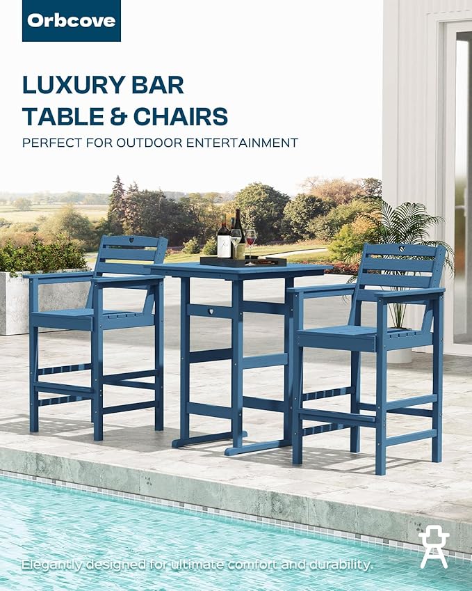 Patio Bar Table,Adirondack Chairs and Table 2 Pieces Set, Bar Height Chairs Set of 2, Outdoor Bar Stools Set,Weather-Resistant Outdoor Furniture for Deck, Balcony, Poolside Easy Assembly