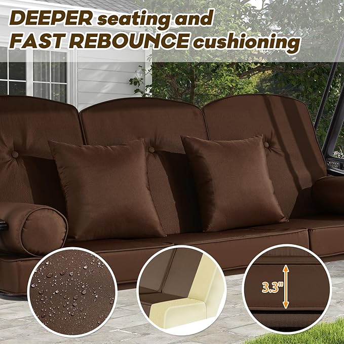 3 in 1 Outdoor Porch Swing with Canopy, 3 Seat Outdoor Swing for Adults, Patio Swing Chair with Thickened Cushions,Pillows & Cup Holders for Backyard, Porch, Garden (Brown)