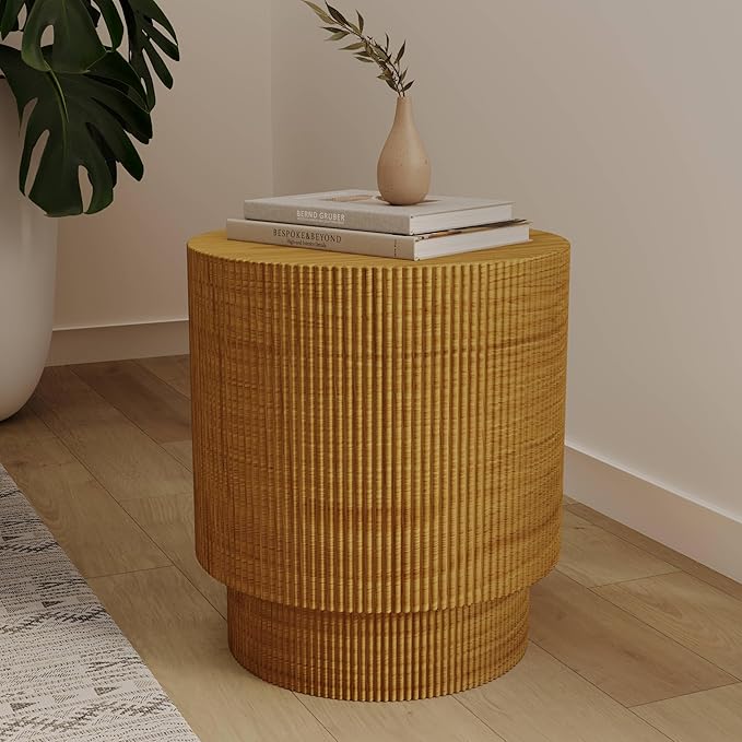 LeisureMod Modern Side Table Round Fiberstone Top Accent End Table for Home, Outdoor Patio, Living Room Sofa, Weather-Resistant, Eden Series in Brown