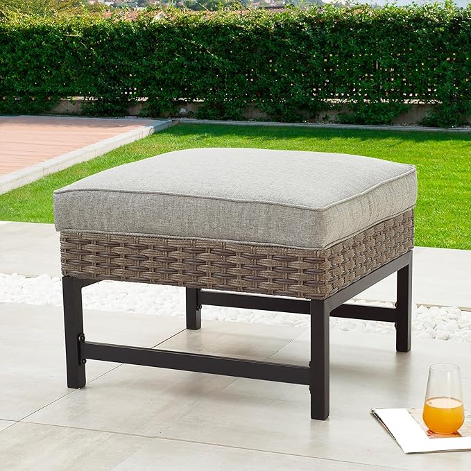 Outdoor Cushioned Ottoman Wicker Patio Furniture Ottoman with Grey Cushion Metal Steel Frame