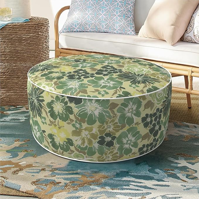 Inflatable Ottoman Stool D21 xH9 for Outdoor/Indoor Use, Water Repellent Patio Foot Rest with Portable Handle,Round Pouf Ottoman Suitable for Garden,Deck and Camping-Green Rose