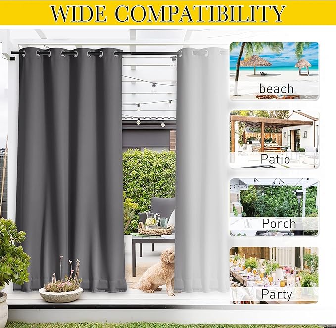 NICETOWN 2 Panels Outdoor Curtains Waterproof Grommet & Back Tab on Top & Bottom, Thermal Insulated Fixed Windproof Blackout Outdoor Drapes Privacy for Patio with Rope for Fixed, W52 x L95, Grey