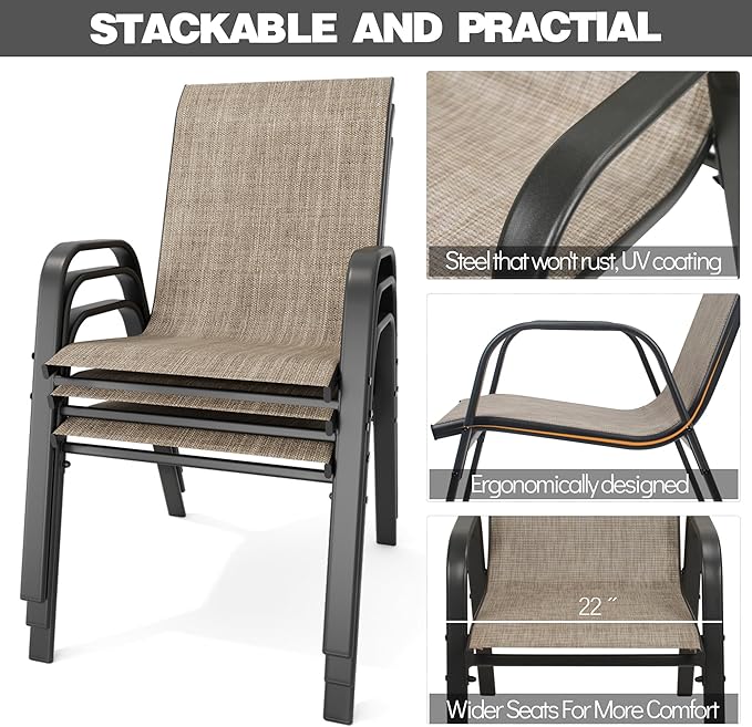 Patio Chairs Set of 8, Stackable Outdoor Dining Chairs for All Weather Textilene Fabric & Metal Frame, Outdoor Chairs Set for Backyard Deck Garden (Brown, Set of 8)