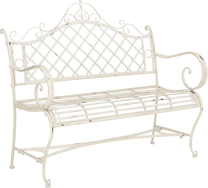 Safavieh PAT5017A Collection Adina Antique White Wrought Iron 51.25" Outdoor Garden Bench