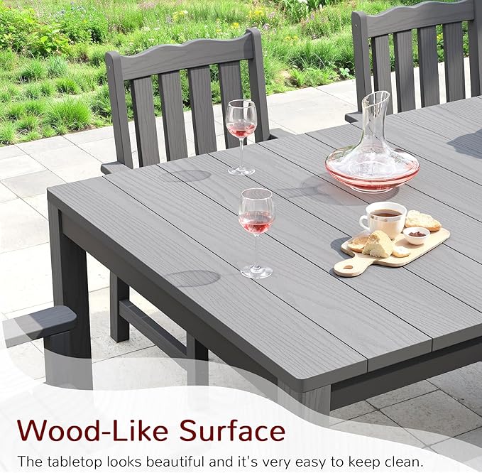Stoog All-Weather Patio Dining Table for 6, Outdoor HIPS & Aluminum Frame Dining Table with 350 lbs Weight Capacity, Umbrella Hole, Grey