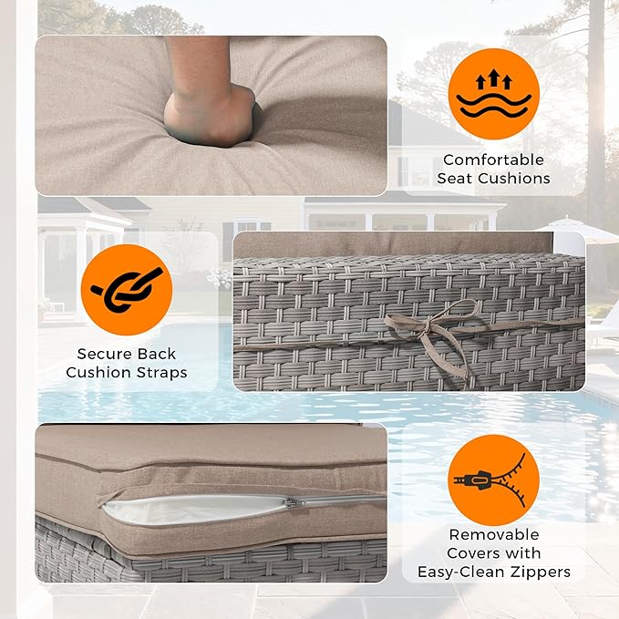 6-Seat Modern Outdoor Wicker Rattan Patio Furniture Set with 55,000 BTU Fire Pit Table, Thick 4″ Cushions, All-Weather Dual-Strand Rattan, Rust-Resistant Steel Frame,Beige