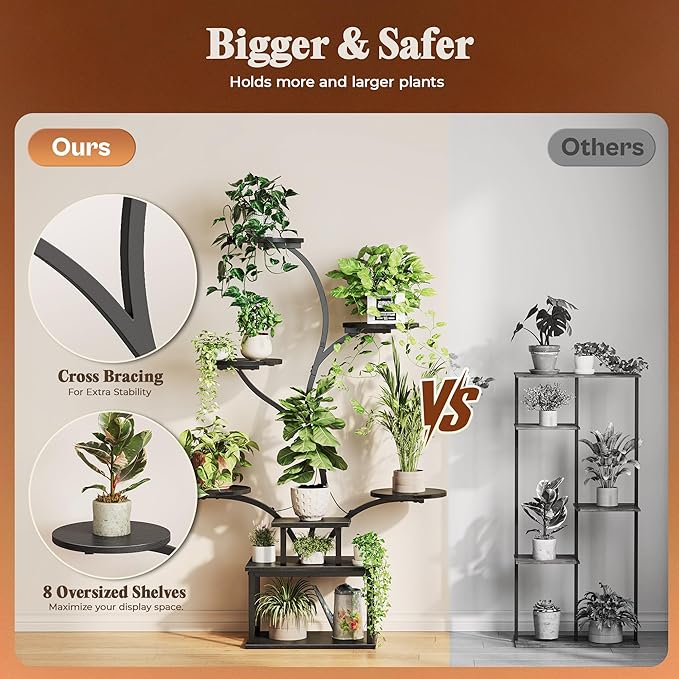 PRAISUN 51 Inch Plant Stand with Grow Lights, 8 Tiered Indoor Plant Shelf with Larger Flower Holder, Curved-tubed Design, 3 Light Modes, Corner Plant Rack for Living Room, Black