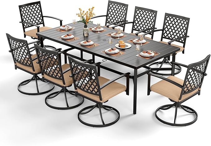 PHI VILLA 9 Pieces Outdoor Dining Set for 8, 83" Rectangle Metal Steel Table with Umbrella Hole & Swivel Wrought Iron Chairs with Cushions, Outside Furniture Set for Patio, Deck, Yard, Porch