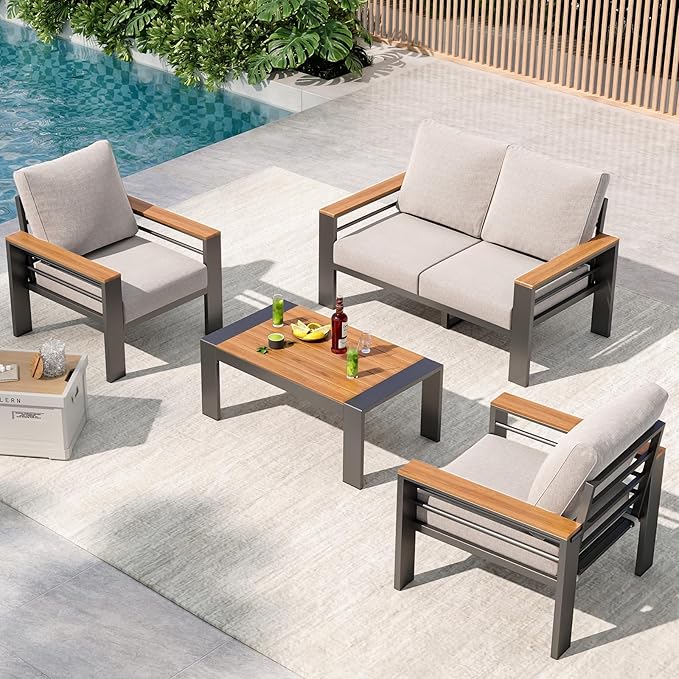 Aoxun Aluminum Outdoor Patio Furniture Set, 4 Seats Outdoor Sectional with Coffee Table, Patio Conversation Sets with Upgraded Armrests and Cushions for Backyard, Garden and Poolside
