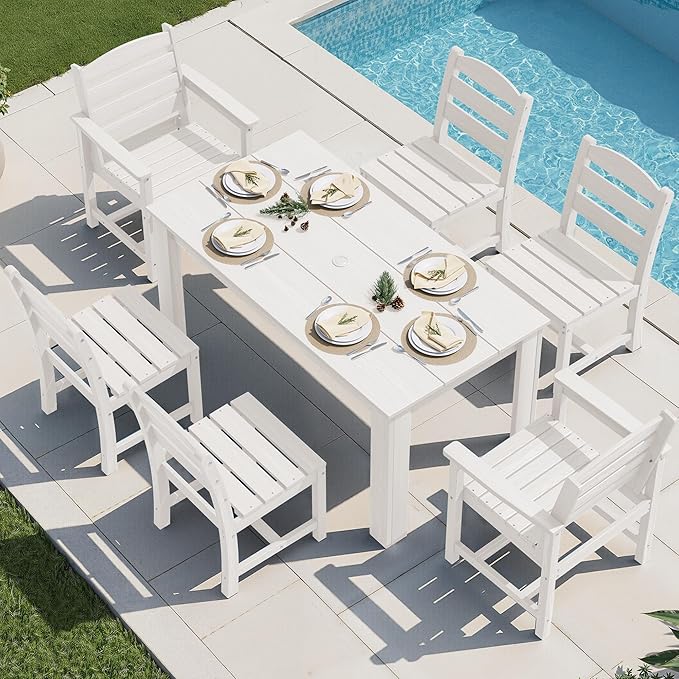 SERWALL Outdoor Dining Sets for 6, HDPE Dining Sets with 1 Umbrella Hole Cut-Out Rectangular Table and 4 Armless Chairs and 2 Armchairs, Patio Dining Sets, White