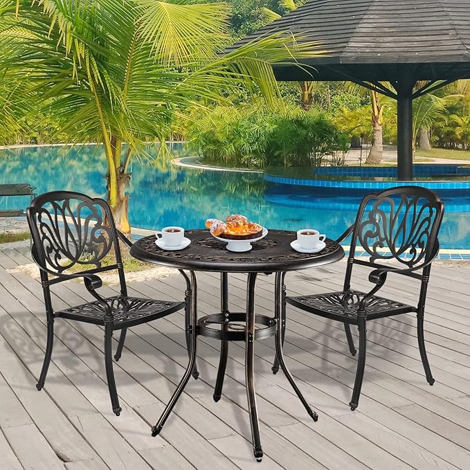 VINGLI 32" Outdoor Dining Table, Round Patio DiningTable with Umbrella Hole, Cast Aluminum Outdoor Bistro Table Patio Furniture Garden Table (Bronze, 32" Dia x 29 H) (Bronze)