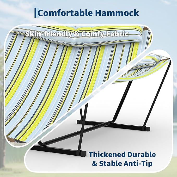 Portable 2 Person Double Hammock with Sturdy Heavy-Duty Steel Stand – 450LBS Max Load, Quick & Effortless Assembly, Perfect for Indoor Living, Yard, Patio & Camping Trips
