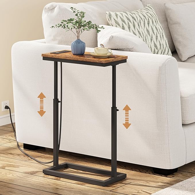 TUTOTAK End Table with Charging Station, Side Table, Tall Couch Table, Sofa Table, Living Room, Bedroom,Brown TB01BB084