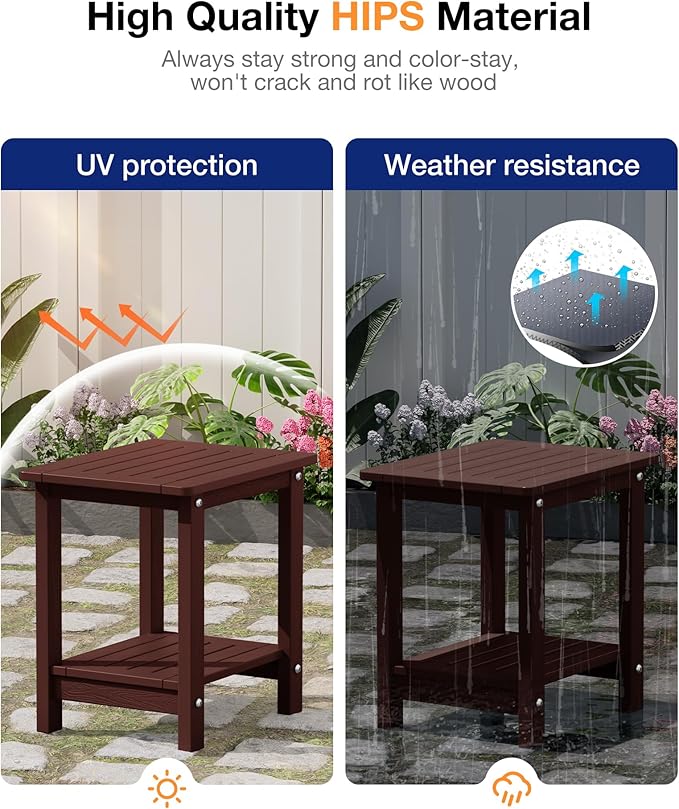 YEFU Outdoor Side Table for Patio: 16" HIPS Weather - Resistant Adirondack Tables Set of 2 - Small Square End Table for Backyard Living Room Bedroom - Indoor Outdoor Double Layer Table Coffee