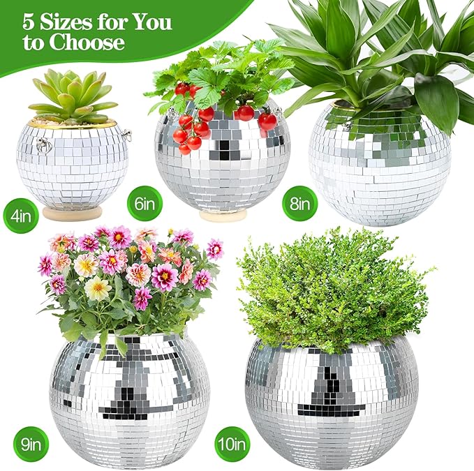 Disco Ball Planter, 1pcs 9” Silver Disco Ball Planter, Disco Ball Plant Hanger with Hanging Rope, Hanging Chain, Hook, Circle and Extra Mirror Pieces