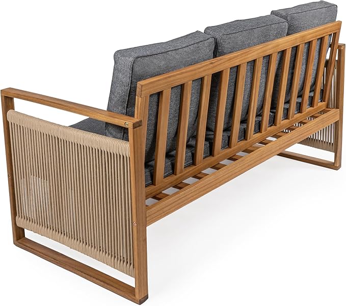 JONATHAN Y SFB1002B Gable 3-Seat Mid-Century Modern Roped Acacia Wood Outdoor Sofa with Cushions Scandinavian, Classic, Transitional, Industrial for Backyard, Patio, Porch, Gray/Teak Brown
