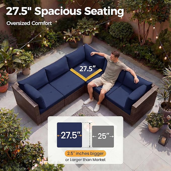 NICESOUL 9 Piece Patio Furniture Set with Fire Pit Natural Gas/Propane, 29.3'' High Back Comfy Outdoor Wicker Conversation Set, XL Large Deep Sitting Sectional Sets, Brown Rattan and Navy Blue Cushion