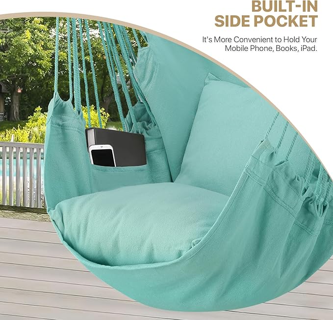 MoNiBloom Hammock Chair Hanging Rope Swing w/2 Cushions, Boho Macrame Hanging Chair Max 350 lbs Capacity w Pocket, Hardware Kit Included, Green