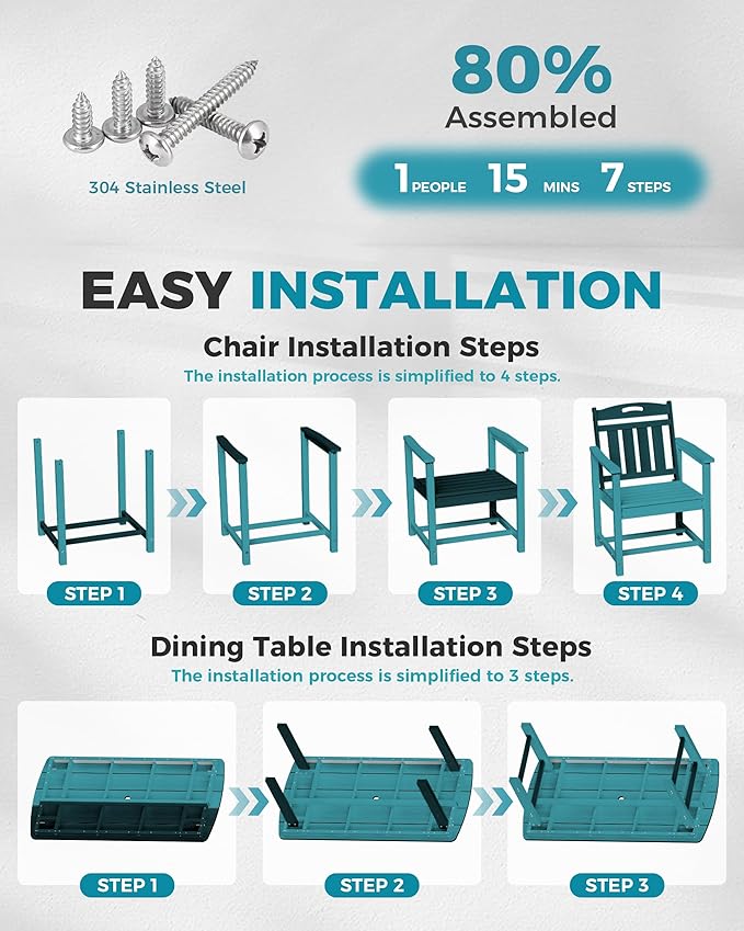 Ciokea HDPE Outdoor Dining Set, 7-Piece Patio Table and Chairs Set with Umbrella Hole, All-Weather Patio Dining Sets for 6, Durable Patio Furniture for Backyard, Garden, Lawn & Poolside, Lake Blue