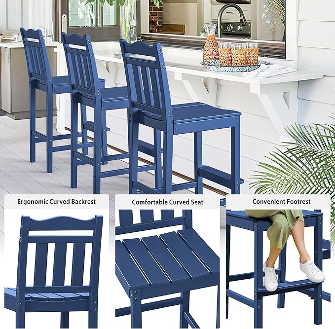 nalone Outdoor Bar Stools Set of 2, HDPE Tall Adirondack Chairs Bar Chairs, Weather Resistance Bar Height Chair for Balcony, Garden, Yard, Backyard (Navy Blue, Bar Chairs Set of 2)