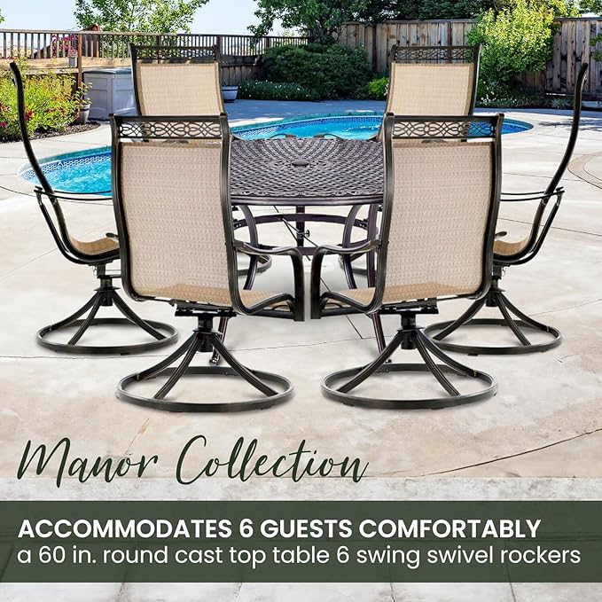 Hanover Manor 7-Piece Outdoor Dining Set with 6 PVC Sling 360 Degree Swivel Rockers, and Rust Resistant Aluminum Round Dining Table, Patio Dining Set for 6 for Backyard, Deck, Patio, Porch