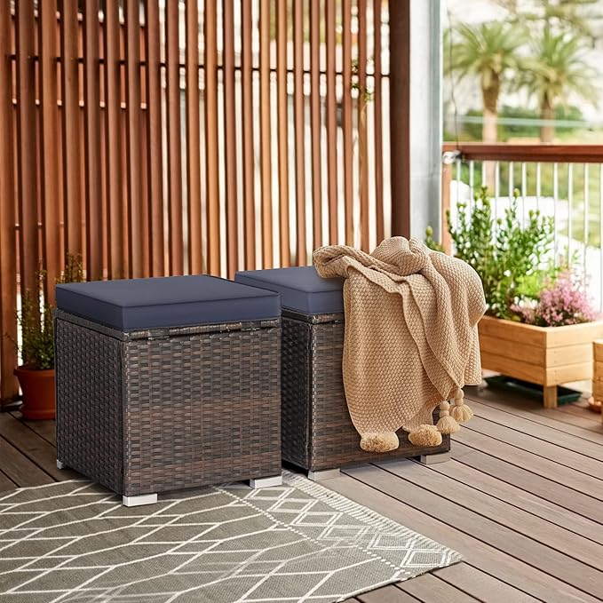 RELAX4LIFE Wicker Outdoor Storage Ottoman, 2-Piece Rattan Footstool w/Removable Cushion, Multipurpose Footrest Stool Side Table Additional Seating, Set of 2 Outdoor Ottomans for Patio Deck (Navy)