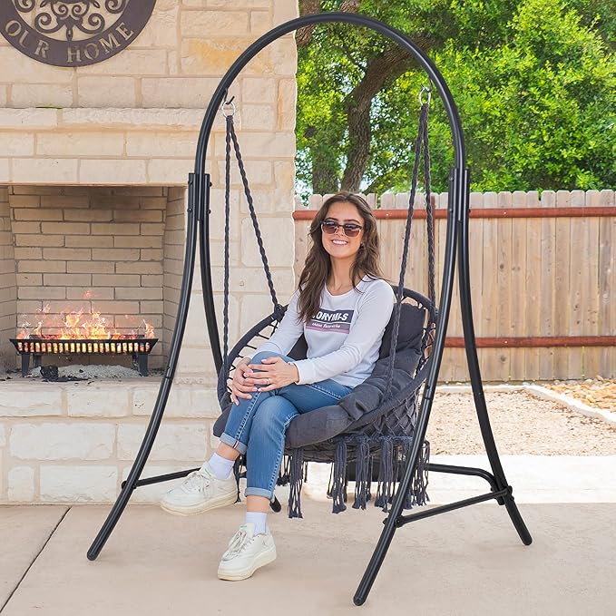 ANOW Hanging Swing Chair with Stand Included, Heavy Duty Hammock Chair with Stand and Removable Padded Cushion, Max 400 Lbs, Dark Grey