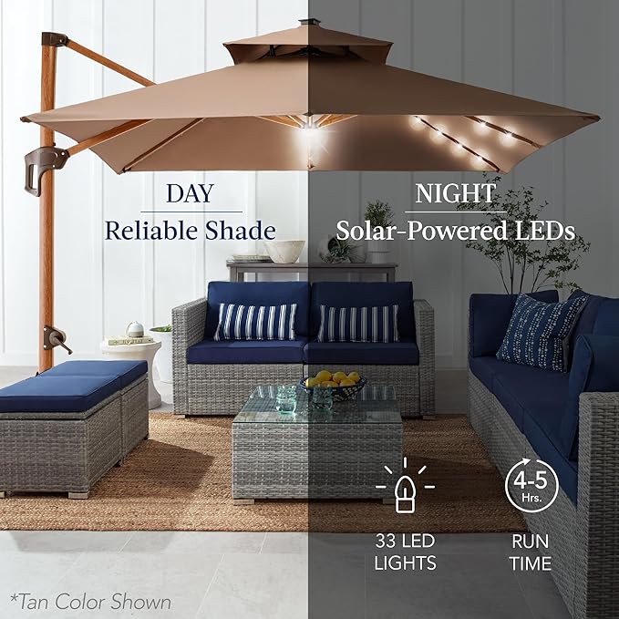 Best Choice Products 10ft Square Cantilever Patio Umbrella w/Base Included, Woodgrain Pattern Pole & Solar LED Lights, 360-Rotation, Offset Hanging Outdoor Shade - Fog Gray