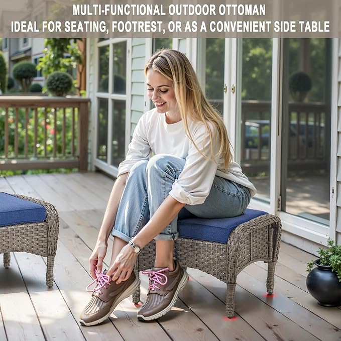 Belord Outdoor Ottomans for Patio Foot Rest - 25 Inch PE Wicker Foot Stool Set of 2 with Removable Cushions for Patio Furniture Sets,All Weather Rattan Ottoman for Balcony Deck Backyard Brown