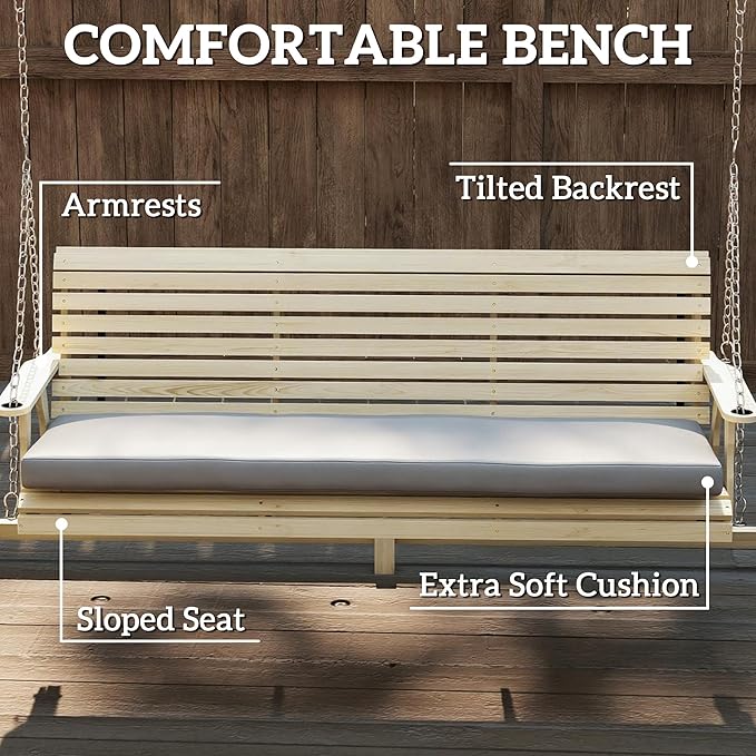 Outsunny 3 Seat Porch Swing with Stand, Wooden Patio Swing Chair with Cushion, Side Trays and Metal Chains, Outdoor Bench for Garden, Poolside, Backyard, Natural Wood