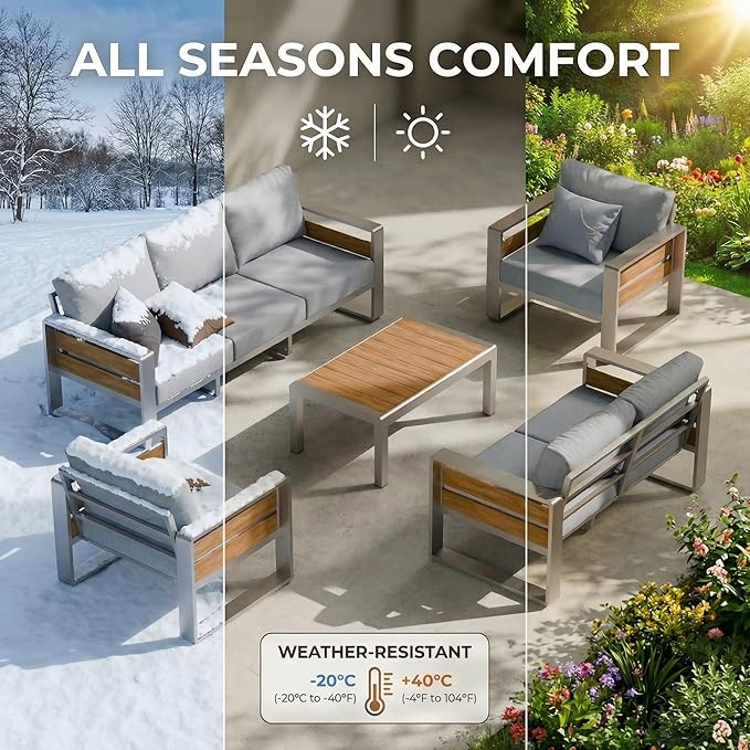 ZANDOR Aluminum Outdoor Patio Furniture - 1 Pcs 3-Seat and Coffee Table, All-Weather Metal Modern Outside Furniture with Washable Thick Cushion for Garden/Backyard/Porch, Silver