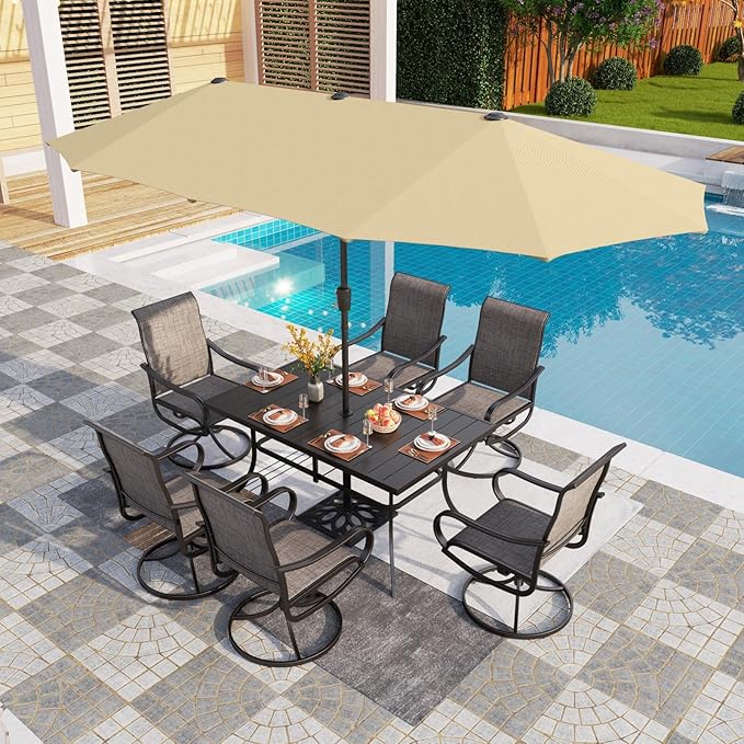 PHI VILLA 8 Piece Outdoor Furniture Patio Dining Set, 6 Swivel Textilene Fabric Dining Chairs & 1 Large Metal Table with 13ft Patio Umbrella (Beige) for Garden Backyard Poolside Deck