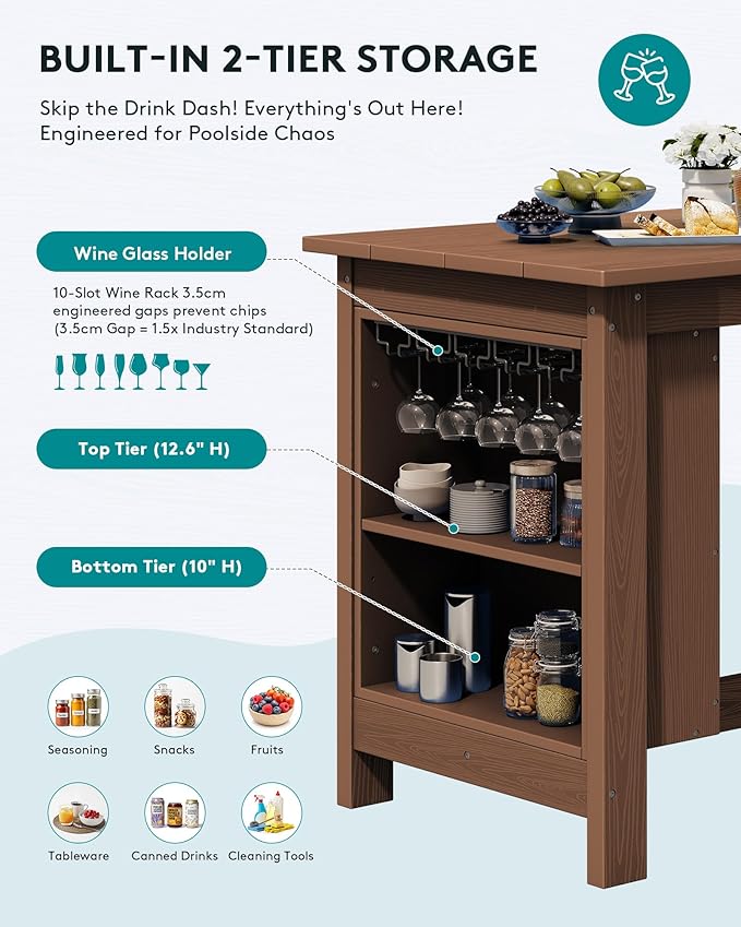 SERWALL Outdoor Bar Table and Chairs Set, 5-Piece HDPE Counter Height Patio Dining Sets with Storage and Wine Rack, Rectangular High Top Bar Table with 4 Bar Stools for Garden, Backyard, Brown