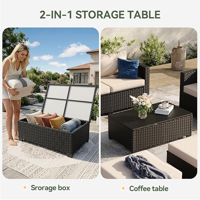 Aoxun 8 Piece Outdoor Patio Furniture Set 7 Seats, Outdoor Sectional with Thick Waterproof Cushions & Storage Coffee Table, Patio Conversation Sets for Garden,Backyard, Porch, Balcony, Deck, Beige