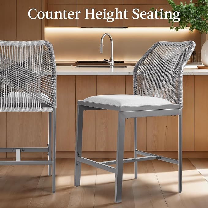 Best Choice Products Indoor Outdoor Counter Height Bar Stools Set of 2, Armless Kitchen Counter Stools w/Back and Footrest, Built-in Cushion, Aluminum Frame - Charcoal/Graphite