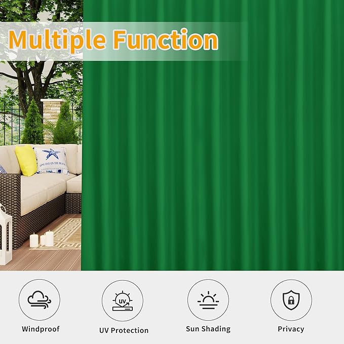 Easy-Going Outdoor Patio Curtains Detachable Tab Top Windproof Weatherproof Curtain for Cabana, Porch, Pergola and Gazebo, Tab Bottom Drape, 2 Panels, 110W x 120L inch, Green