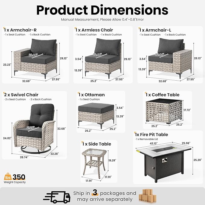 ovios 9-Piece Patio Furniture Set with L-Shape Sofa Chaise, Outdoor Sectional Couch Swivel Gliders Fire Pit Table Solar Table, Modern Modular Wicker Rattan Conversation Set, Black