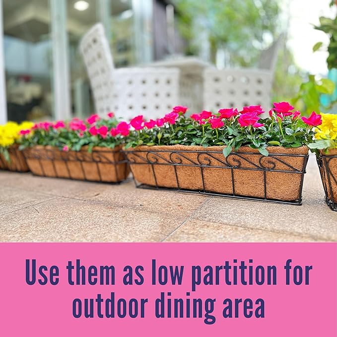 LaLaGreen Wall Mounted Planters - 30 Inch, 6 Pack Black Window Flower Boxes Basket Outdoor, Balcony Planter Over The Rail, Deck Railing Hanging with Coco Liners, Metal Horse Troughs Fence Patio Porch