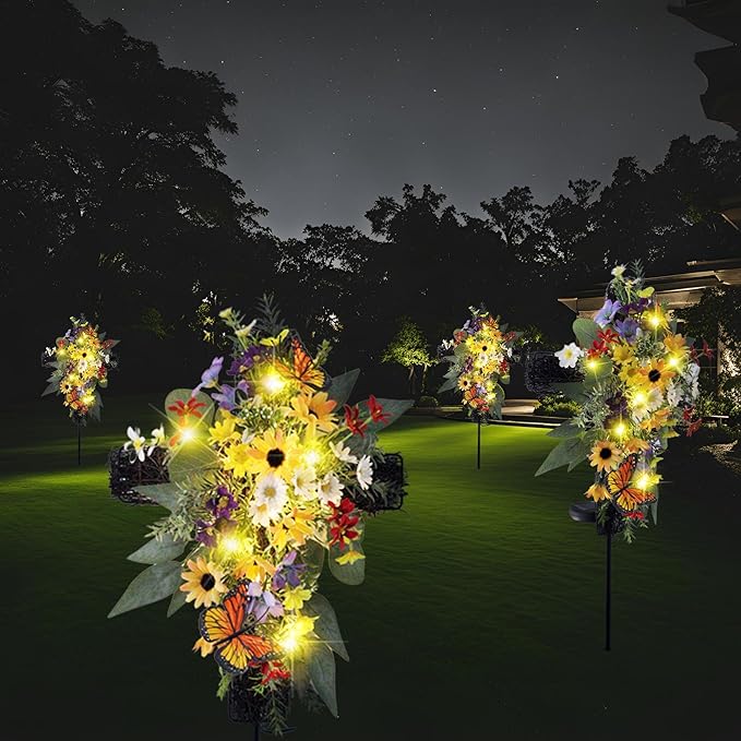 Solar Flower Cross Garden Stake Lights - Waterproof Grave Decorations for Cemetery, Memorial Cross with LED Lights, Sympathy Gift for Grandma, Outdoor Garden, Yard, Lawn Decor