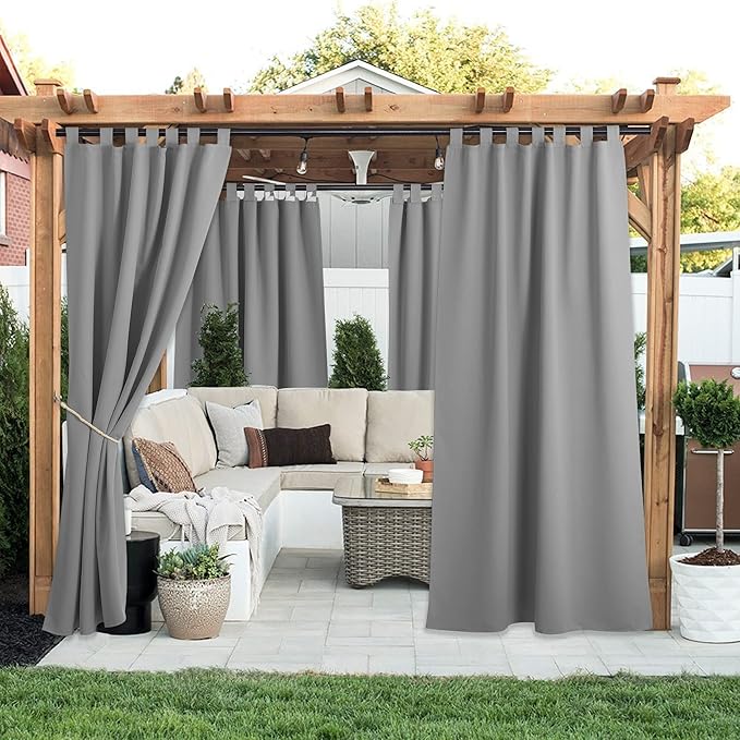 NICETOWN 2 Panels=104" Width Patio Curtains Outdoor Waterproof Extra Long 108" Length, Self-Stick Tab Top Thermal Insulated Blackout Vertical Drapes Indoor Outdoor for Porch, Silver Grey