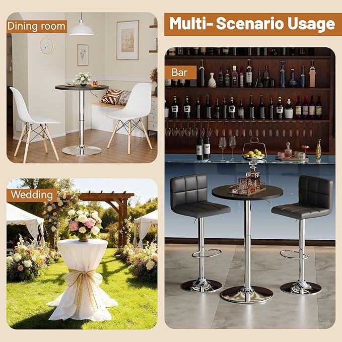 Flamaker Round Bistro Pub Table 23.6 Inch Height Adjustable 360° Swivel Bar Table Metal Base for Pub, Dining Room, Party (4, Black-Silver)